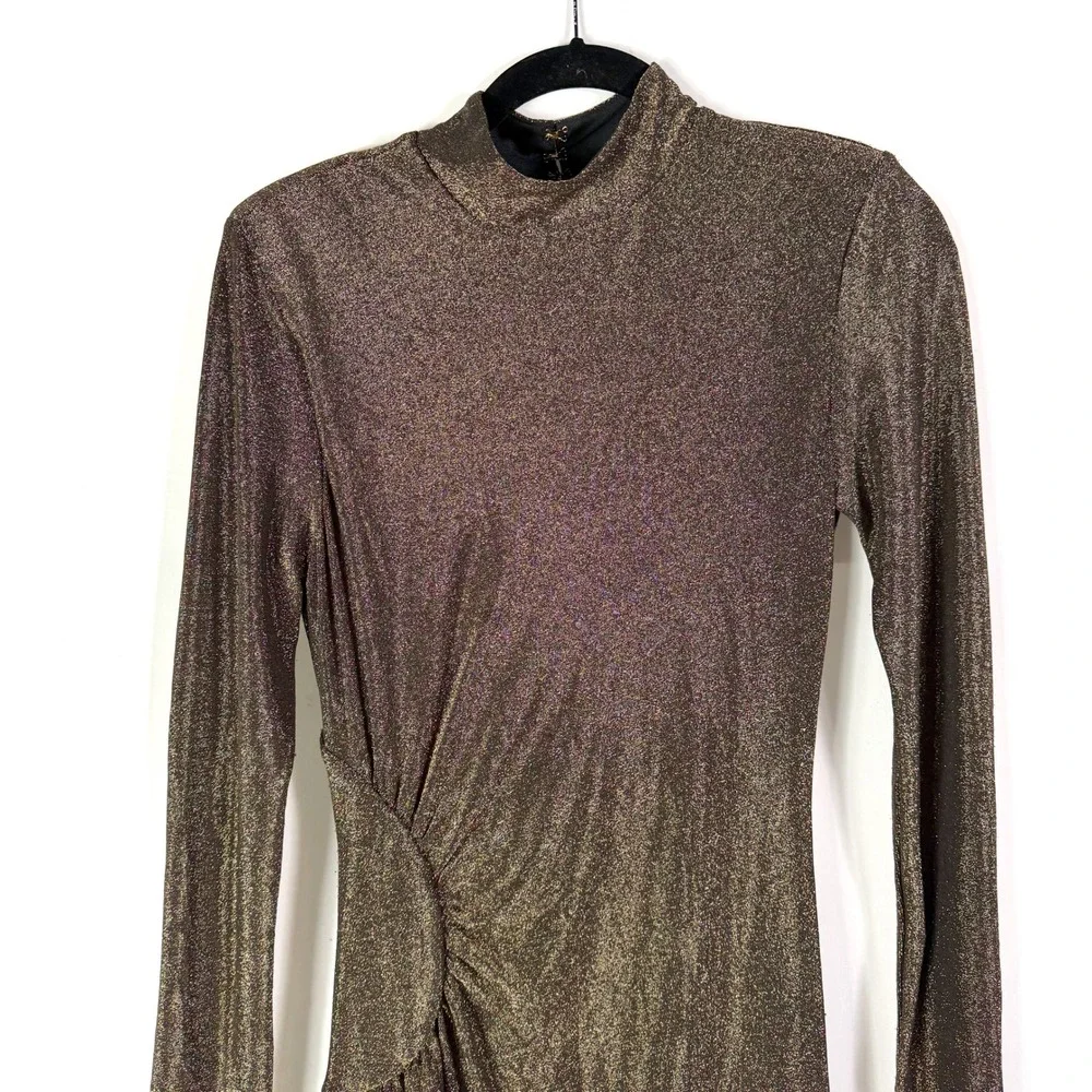 Ramy Brook Amarilys Dress Metallic Gold Shimmer Mock Neck Ruched Midi Sz L - Picture 9 of 15